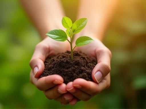 Manos sosteniendo una pequeña planta con tierra, simbolizando la sostenibilidad