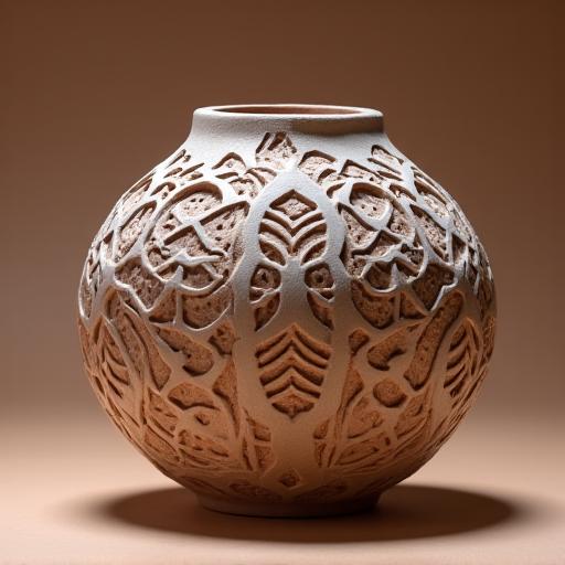 A contemporary pottery piece with hyper-detailed carved patterns.