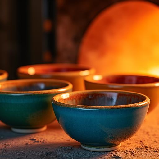 A set of glazed bowls with vibrant colors emerging from a kiln.
