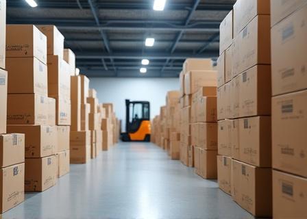 Almacén moderno con cajas de productos Frostara listas para distribuir